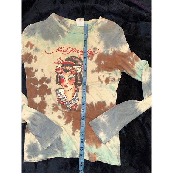 RARE VINTAGE Y2K ED HARDY TIE DYE ASIAN MOTIF LONG SLEEVED LIGHTWEIGHT TEE S - Picture 6 of 11
